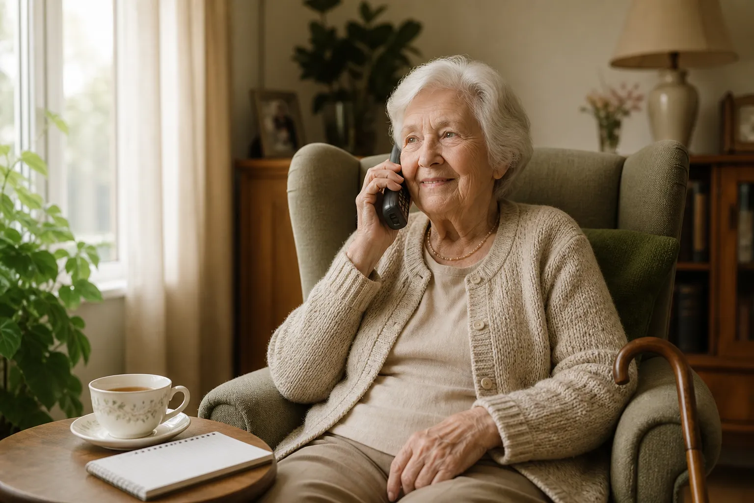 KI-generierte Beispielszene: Seniorin telefoniert entspannt im Sessel am Fenster