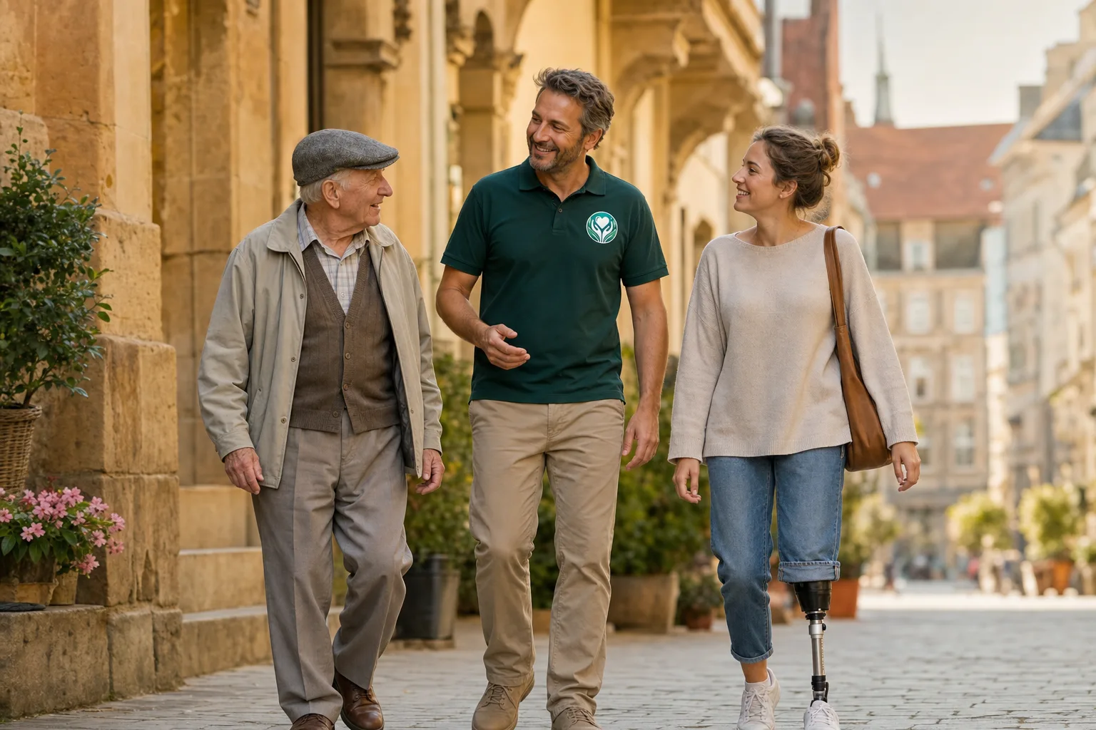Alltagshelfer von Emir Care begleitet einen Senior und eine junge Frau mit Beinprothese durch die Altstadt