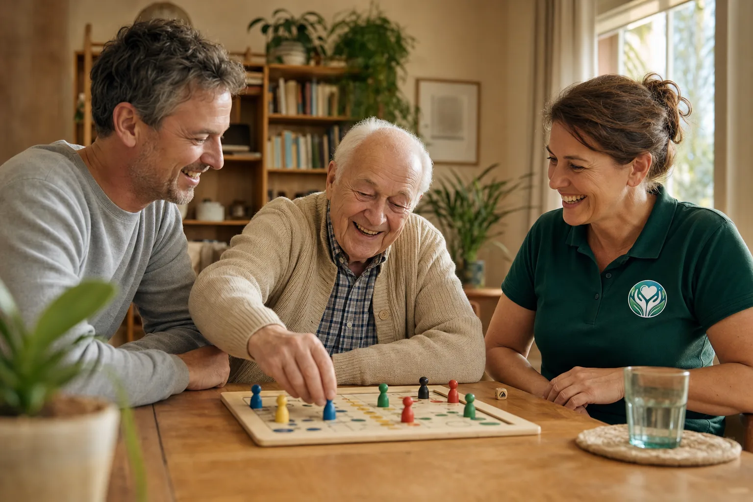 Alltagshelferin von Emir Care spielt am Wohnzimmertisch ein Brettspiel mit einem Senior und einem jüngeren Mann