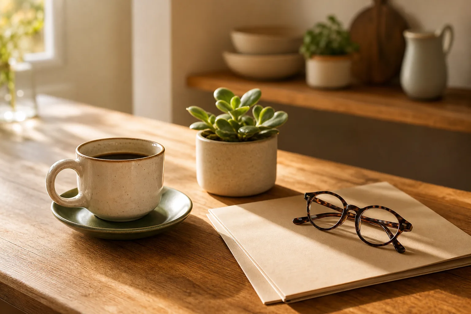 Kaffeetasse, Brille und Papiere auf einem Küchentisch