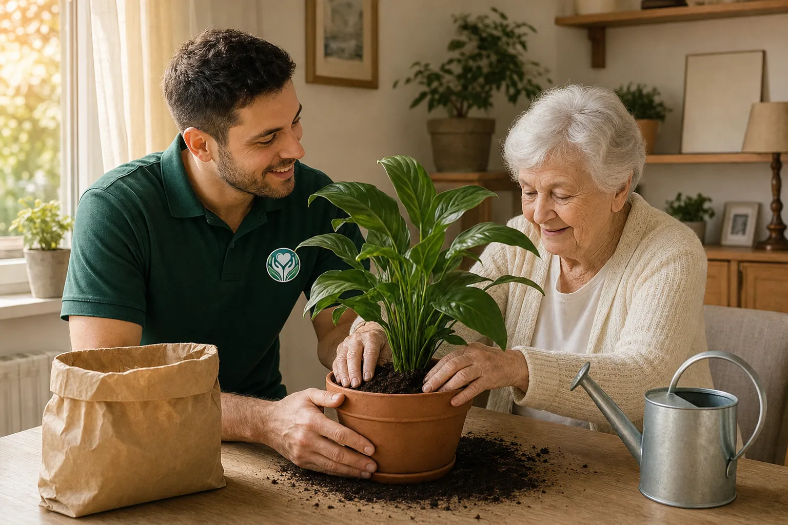 Eine Alltagshelferin topft gemeinsam mit einer Seniorin eine Zimmerpflanze am hellen Fenster um