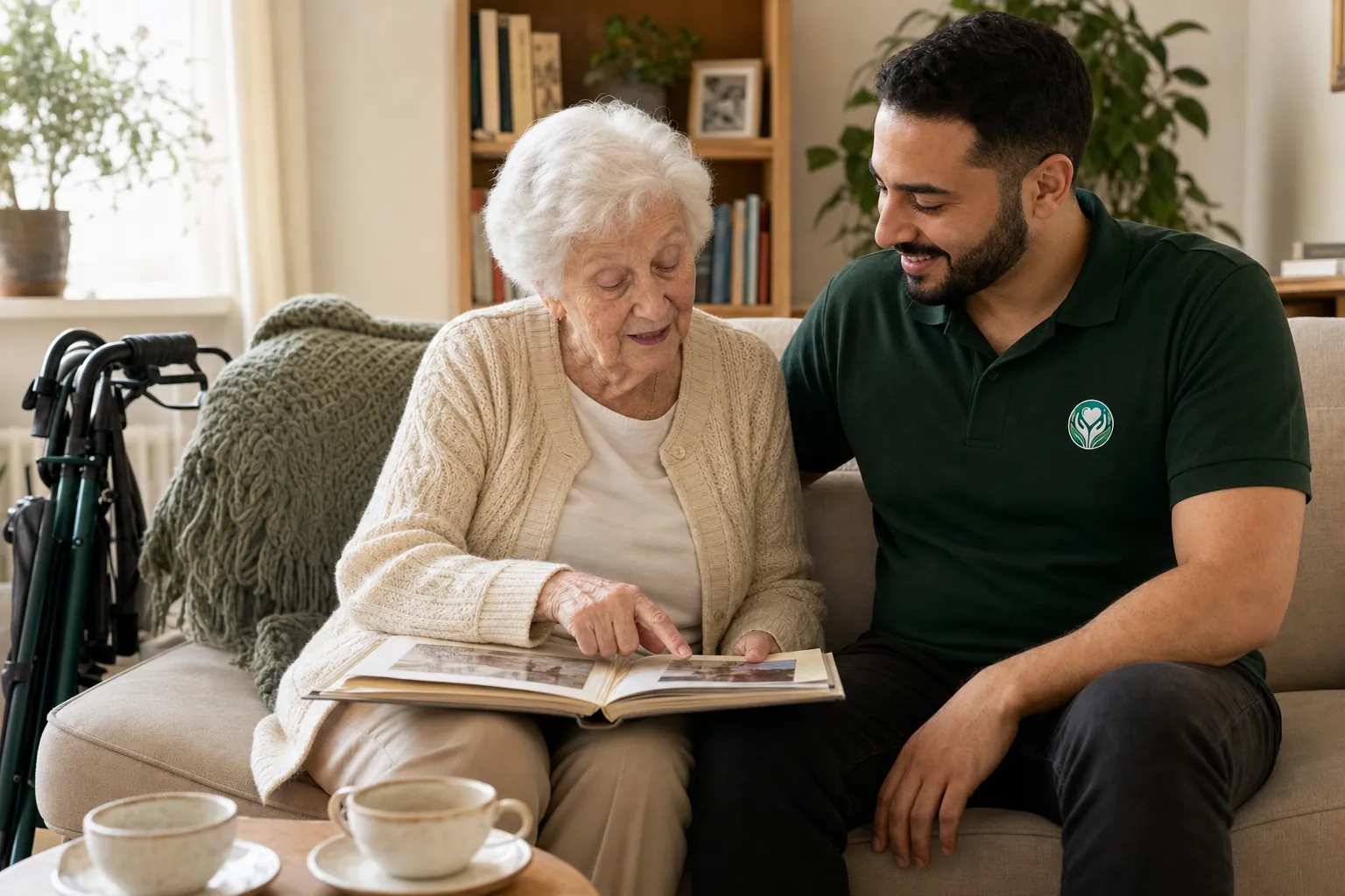 KI-generierte Beispielszene: Eine Seniorin zeigt ihrem Alltagshelfer auf dem Sofa ein Fotoalbum, daneben ein zusammengeklappter Rollator